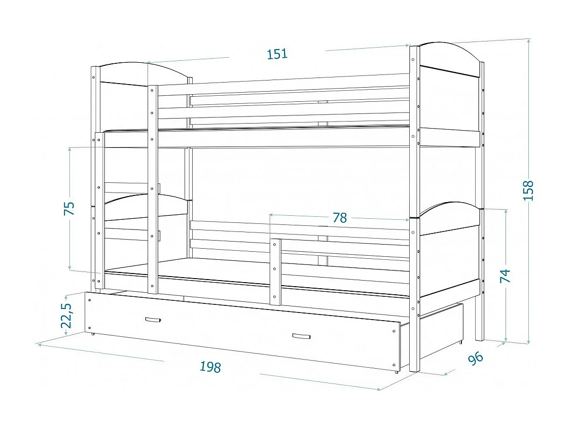 Lit Superposé Mateo 90x190 tiroir + Matelas Blanc - bleu