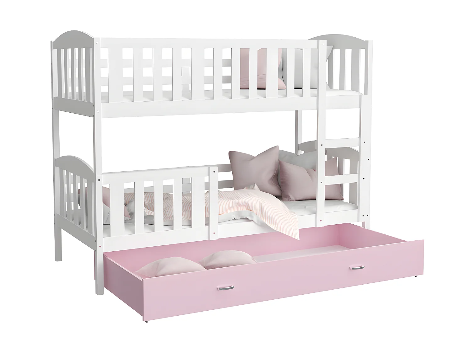 Lit Superposé Teo 90x190 Blanc - rose Livré avec sommiers, tiroir et matelas en mousse de 7cm