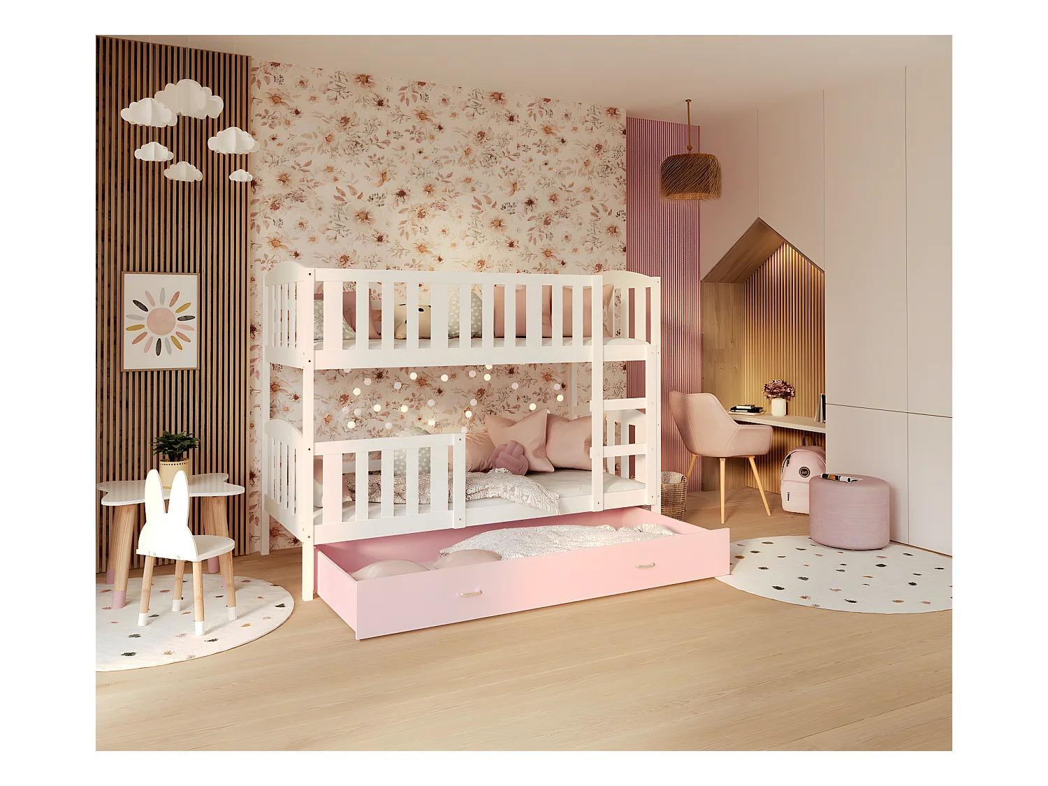 Lit Superposé Teo 90x190 Blanc - rose Livré avec sommiers, tiroir et matelas en mousse de 7cm