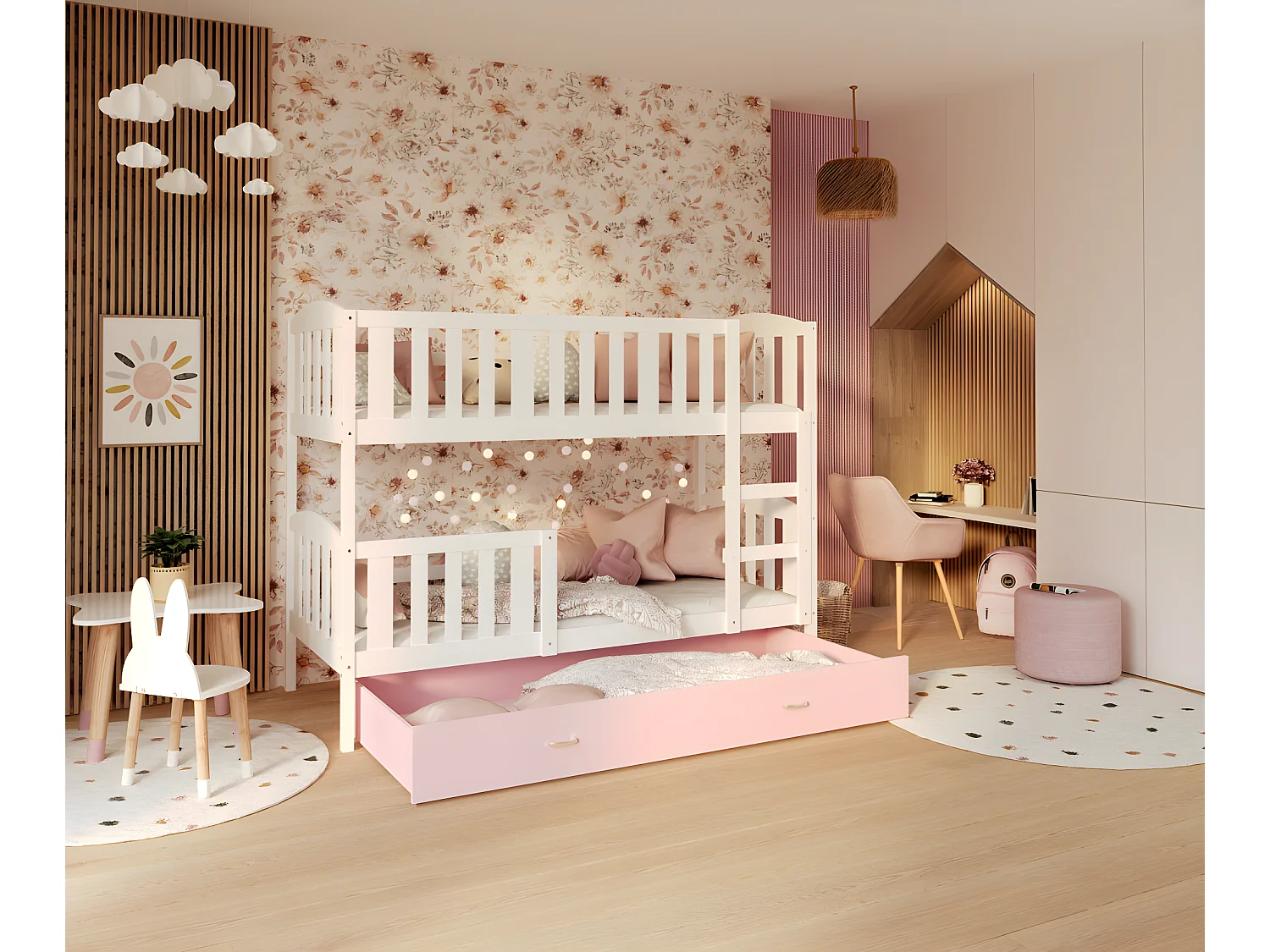 Lit Superposé Teo 90x190 Blanc - rose Livré avec sommiers, tiroir et matelas en mousse de 7cm