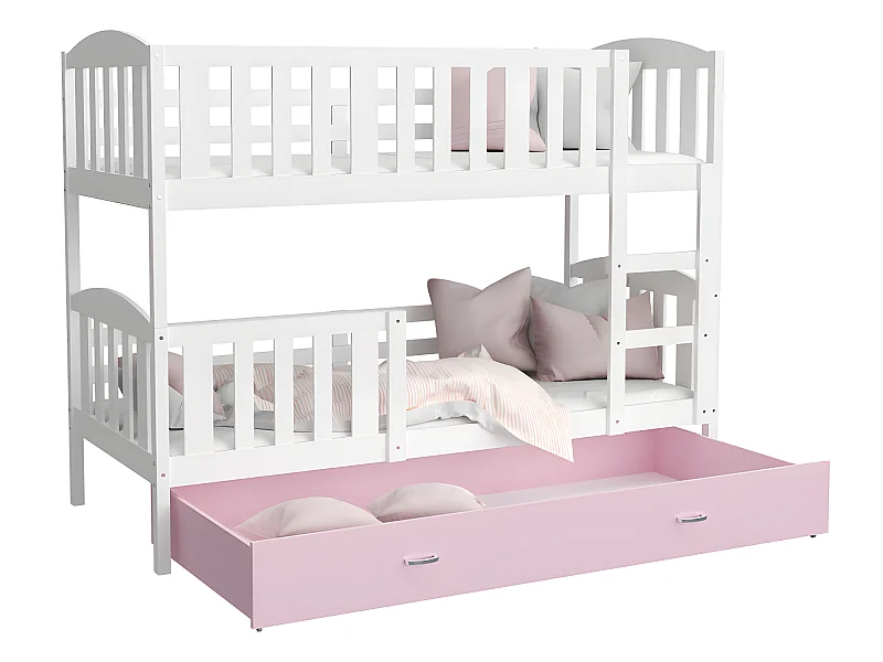 Lit Superposé Teo 90x190 Blanc - rose Livré avec sommiers, tiroir et matelas en mousse de 7cm