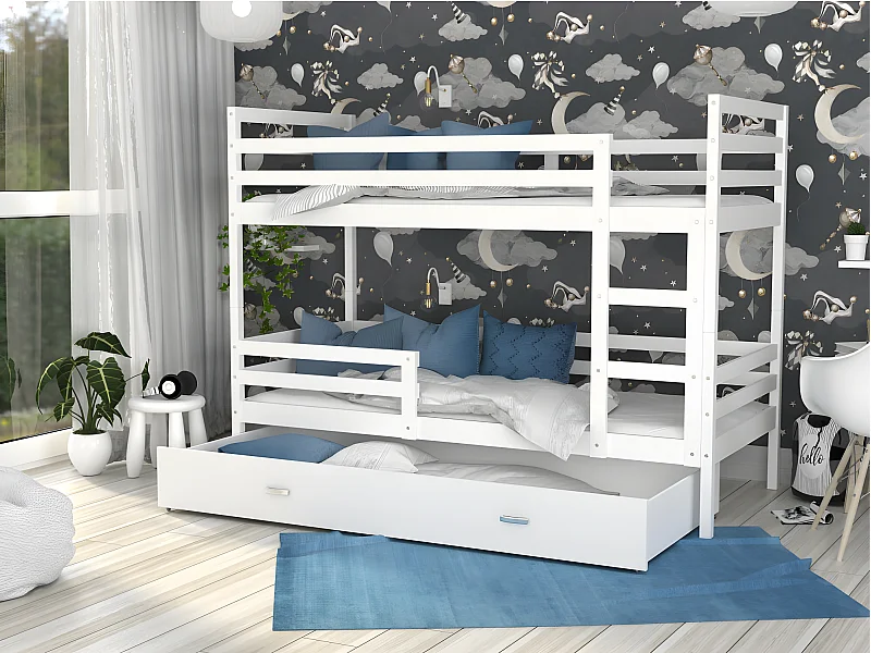 Lit Superposé Milo 90x190 Blanc - blanc Livré avec sommiers, tiroir et matelas en mousse de 7cm