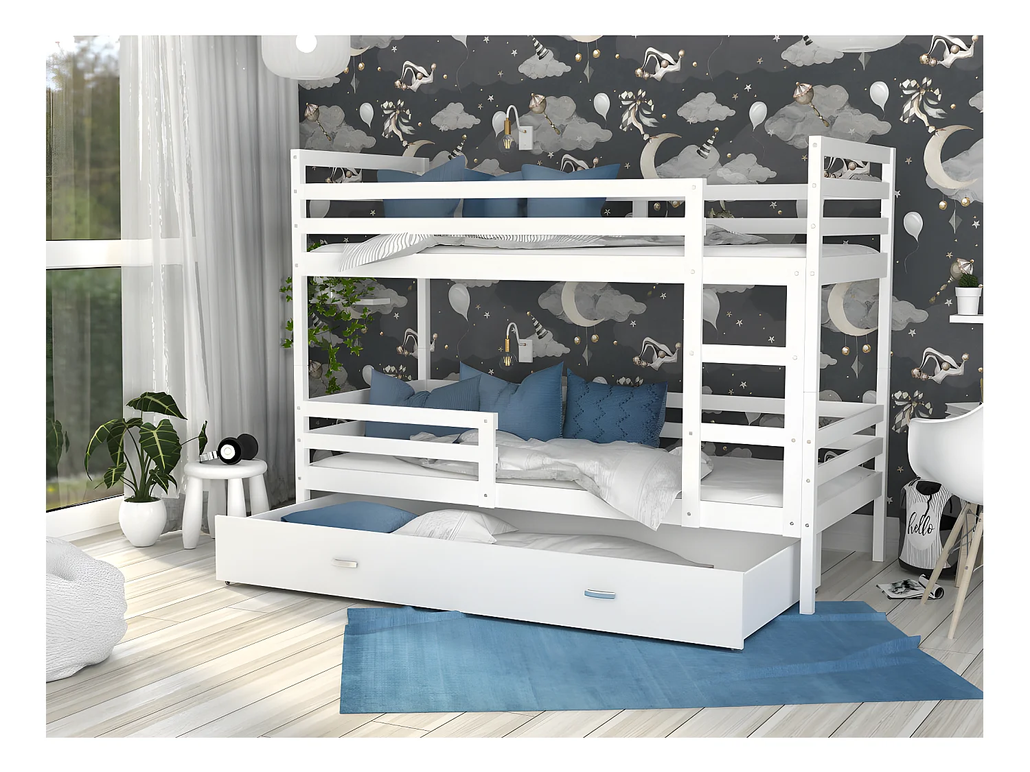 Lit Superposé Milo 90x190 Blanc - blanc Livré avec sommiers, tiroir et matelas en mousse de 7cm