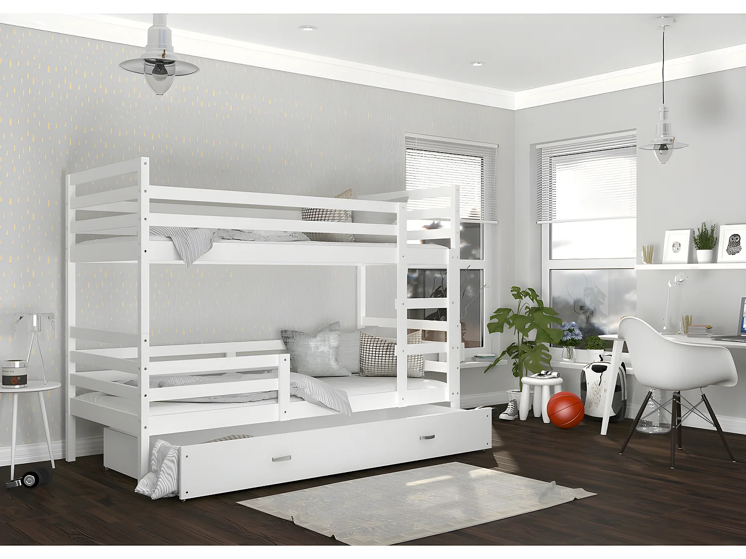 Lit Superposé Milo 90x190 Blanc - blanc Livré avec sommiers, tiroir et matelas en mousse de 7cm