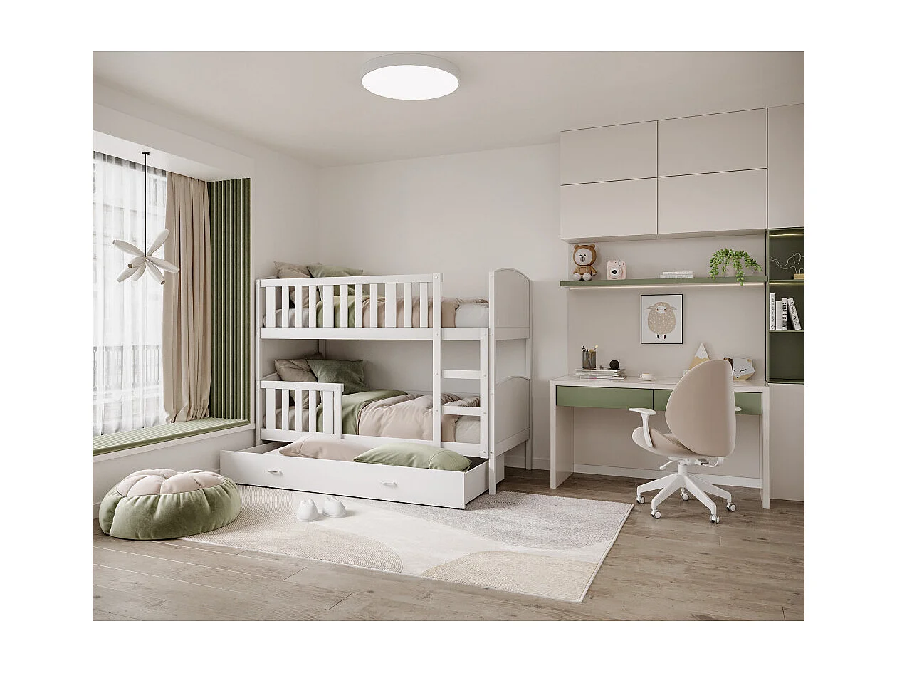 Lit Superposé Tomy 90x190 Blanc - blanc Livré avec sommiers, tiroir et matelas en mousse de 7cm