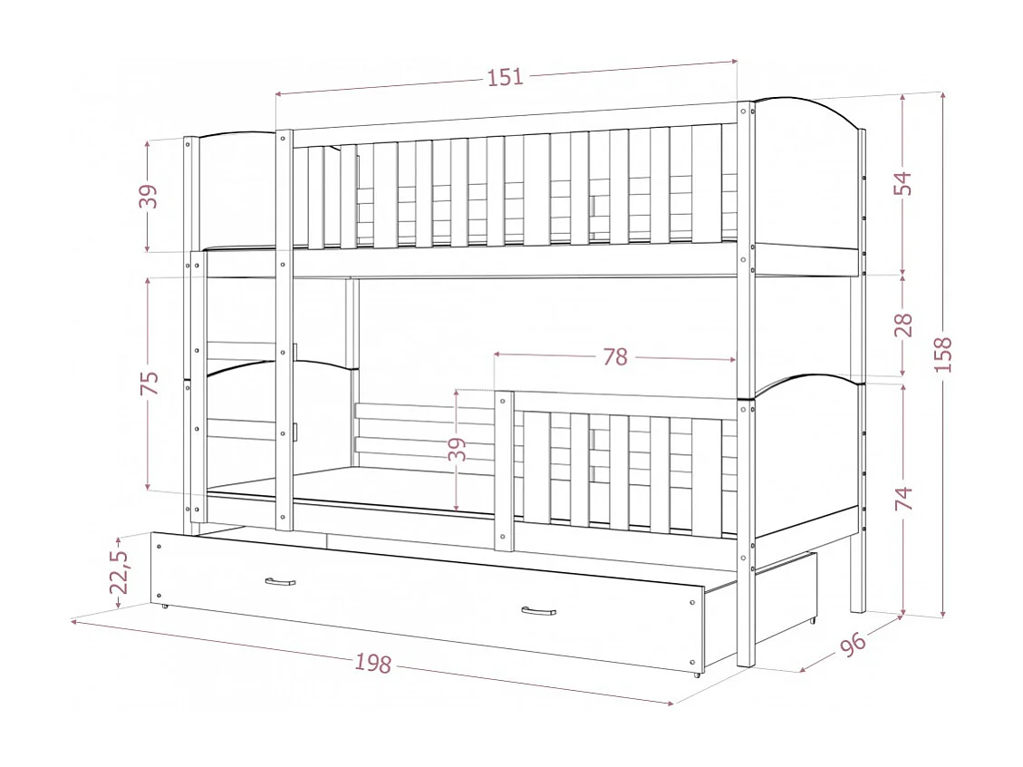 Lit Superposé Tomy 90x190 Blanc - blanc Livré avec sommiers, tiroir et matelas en mousse de 7cm