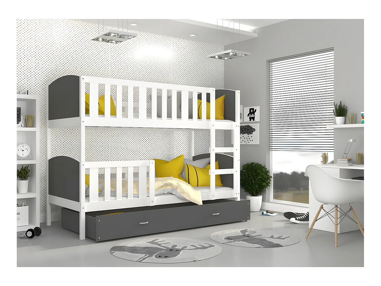 Lit Superposé Tomy 90x190 Blanc - gris Livré avec sommiers, tiroir et matelas en mousse de 7cm