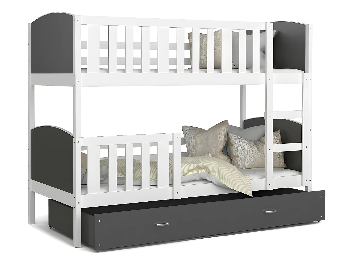 Lit Superposé Tomy 90x190 Blanc - gris Livré avec sommiers, tiroir et matelas en mousse de 7cm