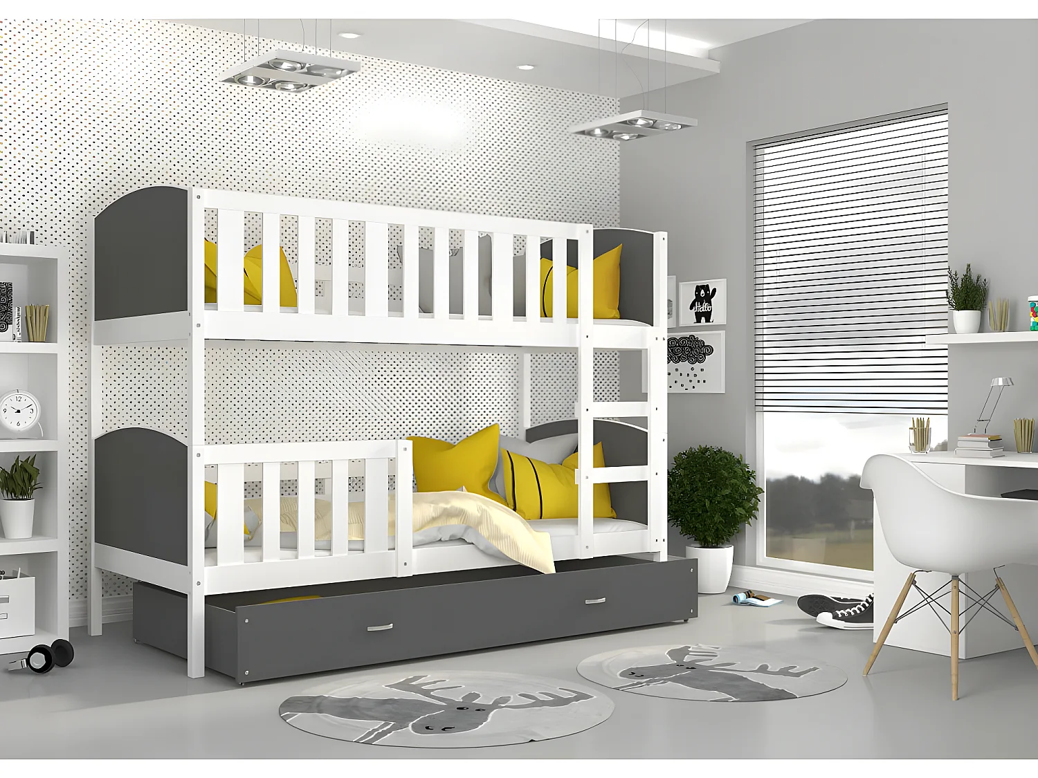 Lit Superposé Tomy 90x190 Blanc - gris Livré avec sommiers, tiroir et matelas en mousse de 7cm