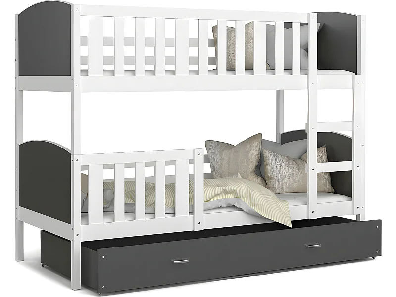 Lit Superposé Tomy 90x190 Blanc - gris Livré avec sommiers, tiroir et matelas en mousse de 7cm