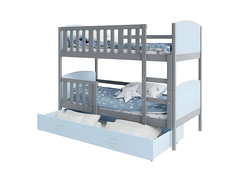 Lit Superposé Tomy 90x190 Gris - bleu Livré avec sommiers, tiroir et matelas en mousse de 7cm
