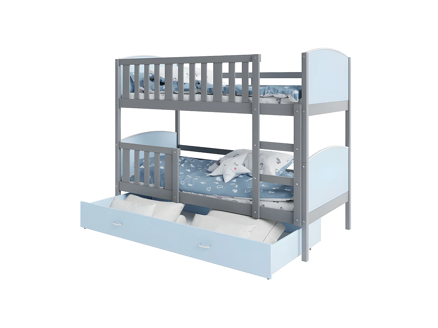 Lit Superposé Tomy 90x190 Gris - bleu Livré avec sommiers, tiroir et matelas en mousse de 7cm