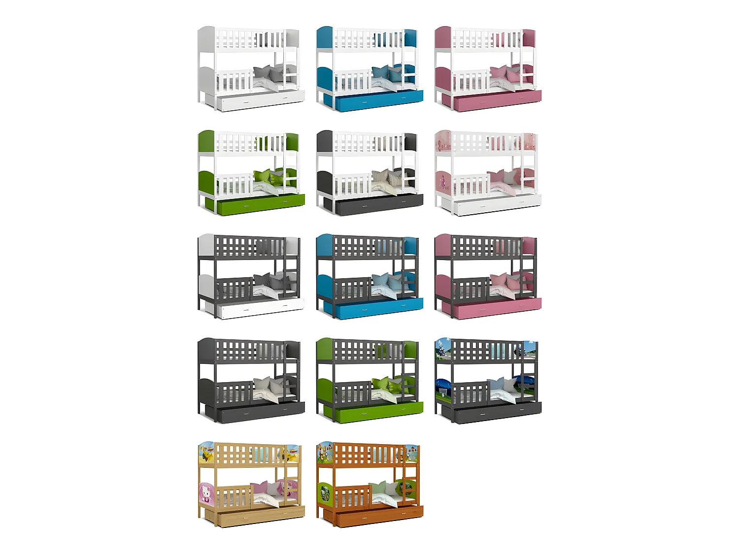 Lit Superposé Tomy 90x190 Gris - bleu Livré avec sommiers, tiroir et matelas en mousse de 7cm