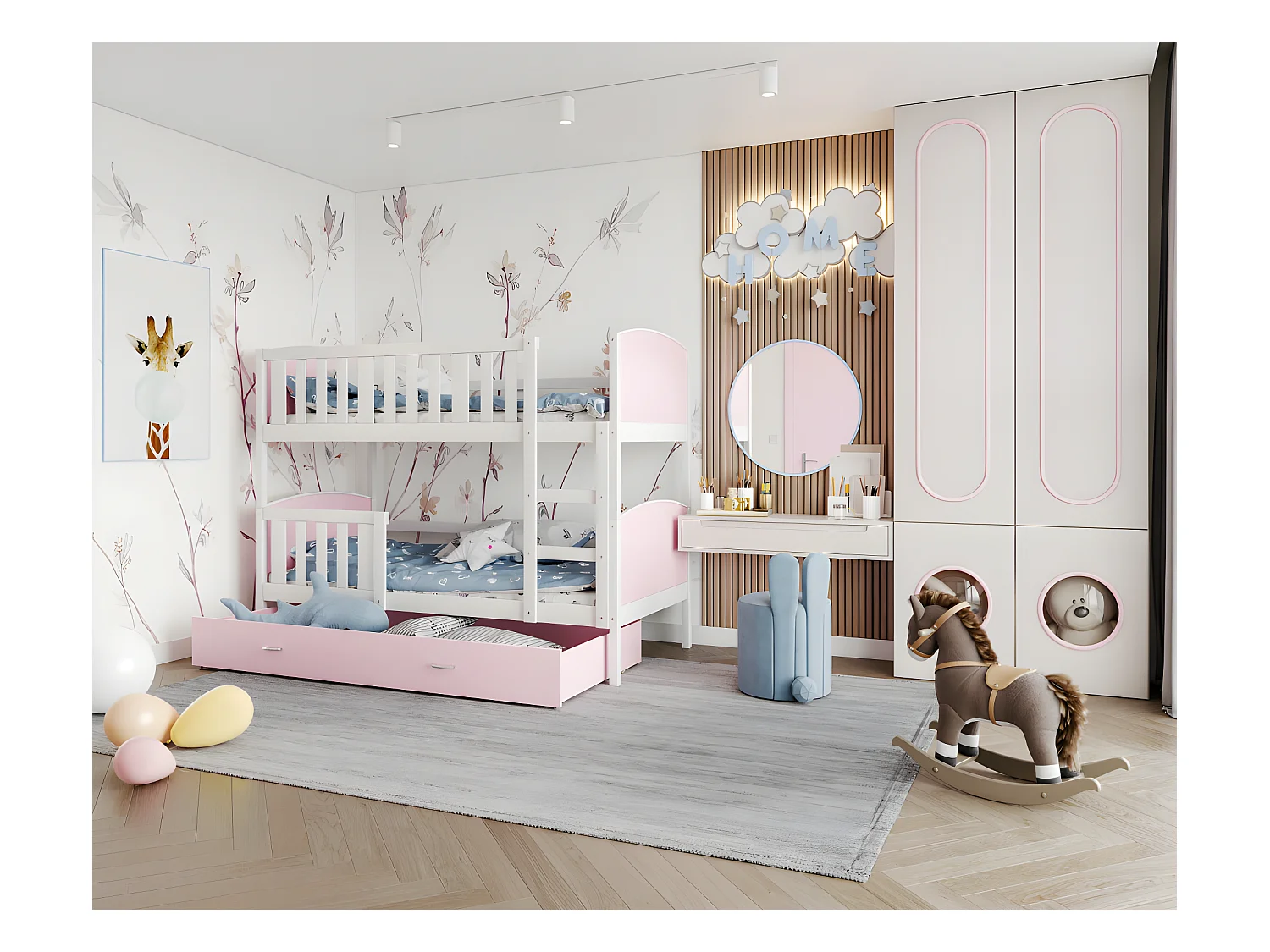 Lit Superposé Tomy 90x190 Blanc - rose Livré avec sommiers, tiroir et matelas en mousse de 7cm