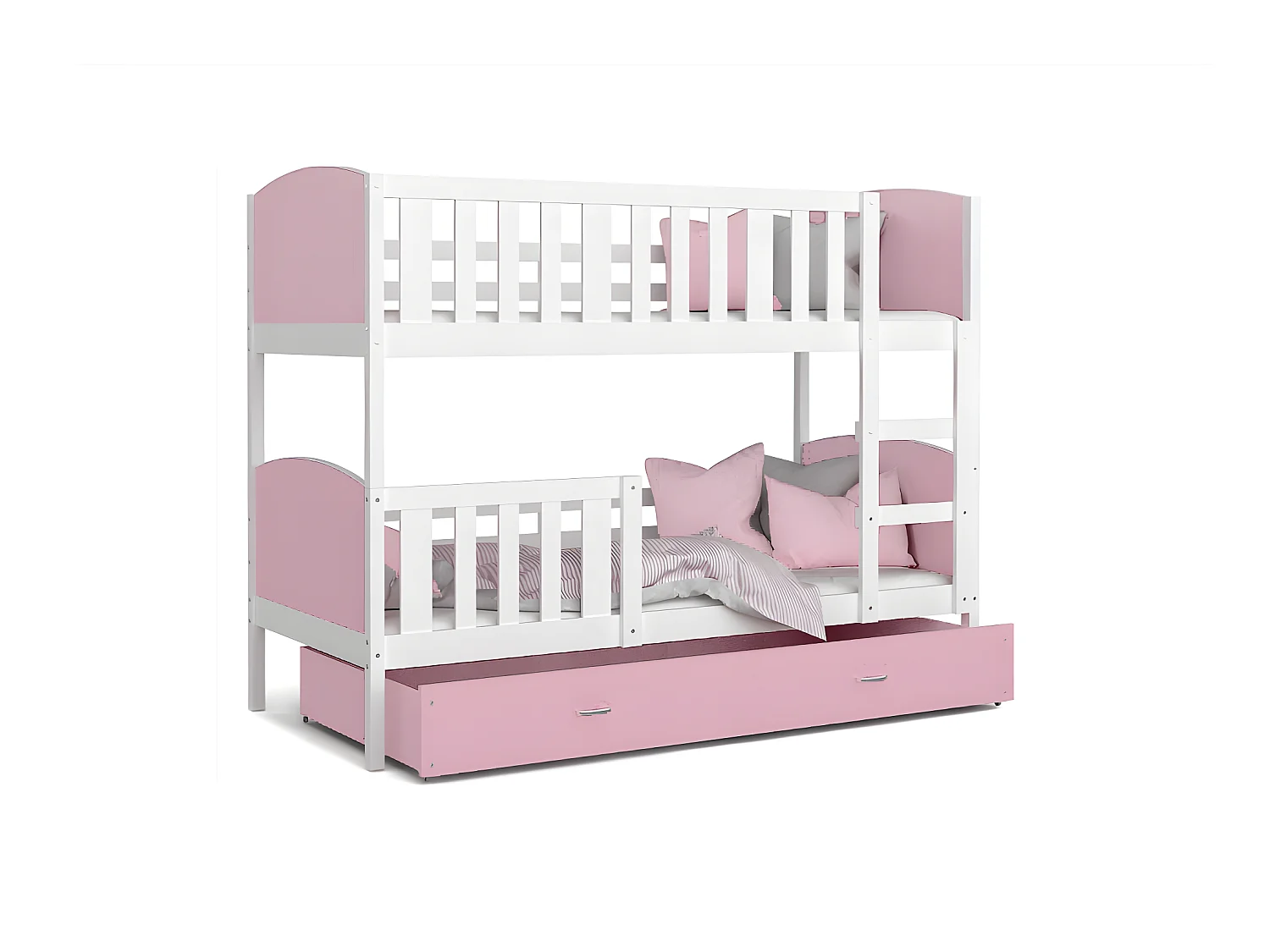 Lit Superposé Tomy 90x190 Blanc - rose Livré avec sommiers, tiroir et matelas en mousse de 7cm