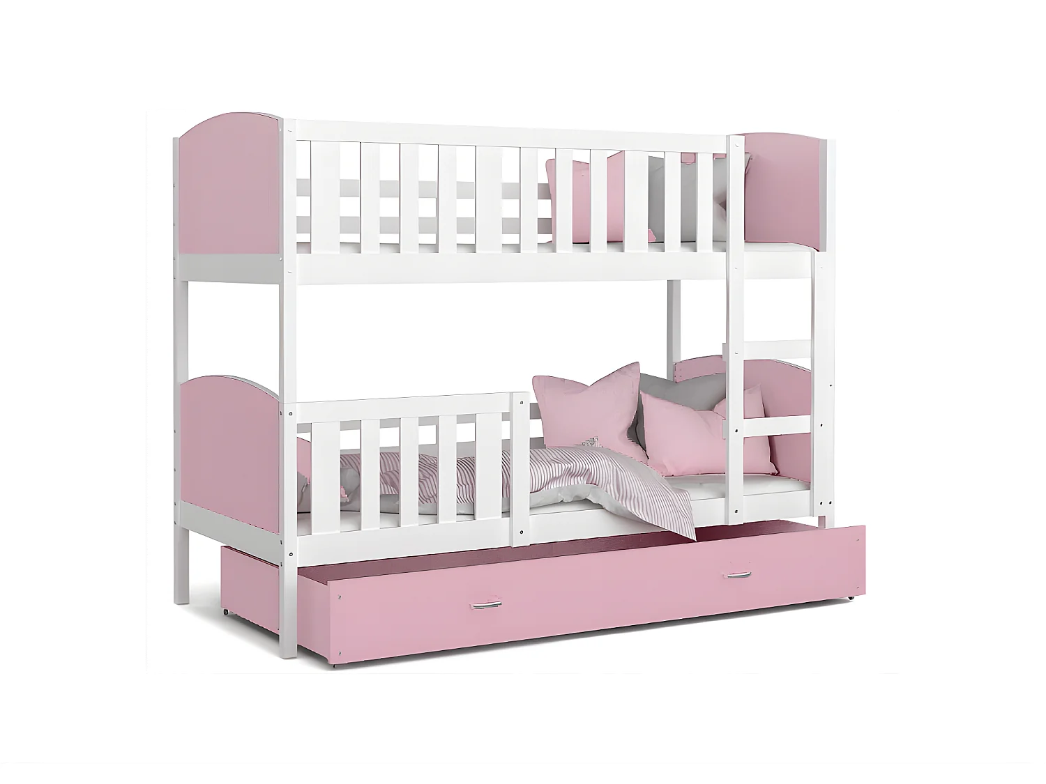 Lit Superposé Tomy 90x190 Blanc - rose Livré avec sommiers, tiroir et matelas en mousse de 7cm