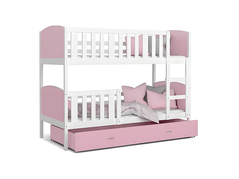 Lit Superposé Tomy 90x190 Blanc - rose Livré avec sommiers, tiroir et matelas en mousse de 7cm