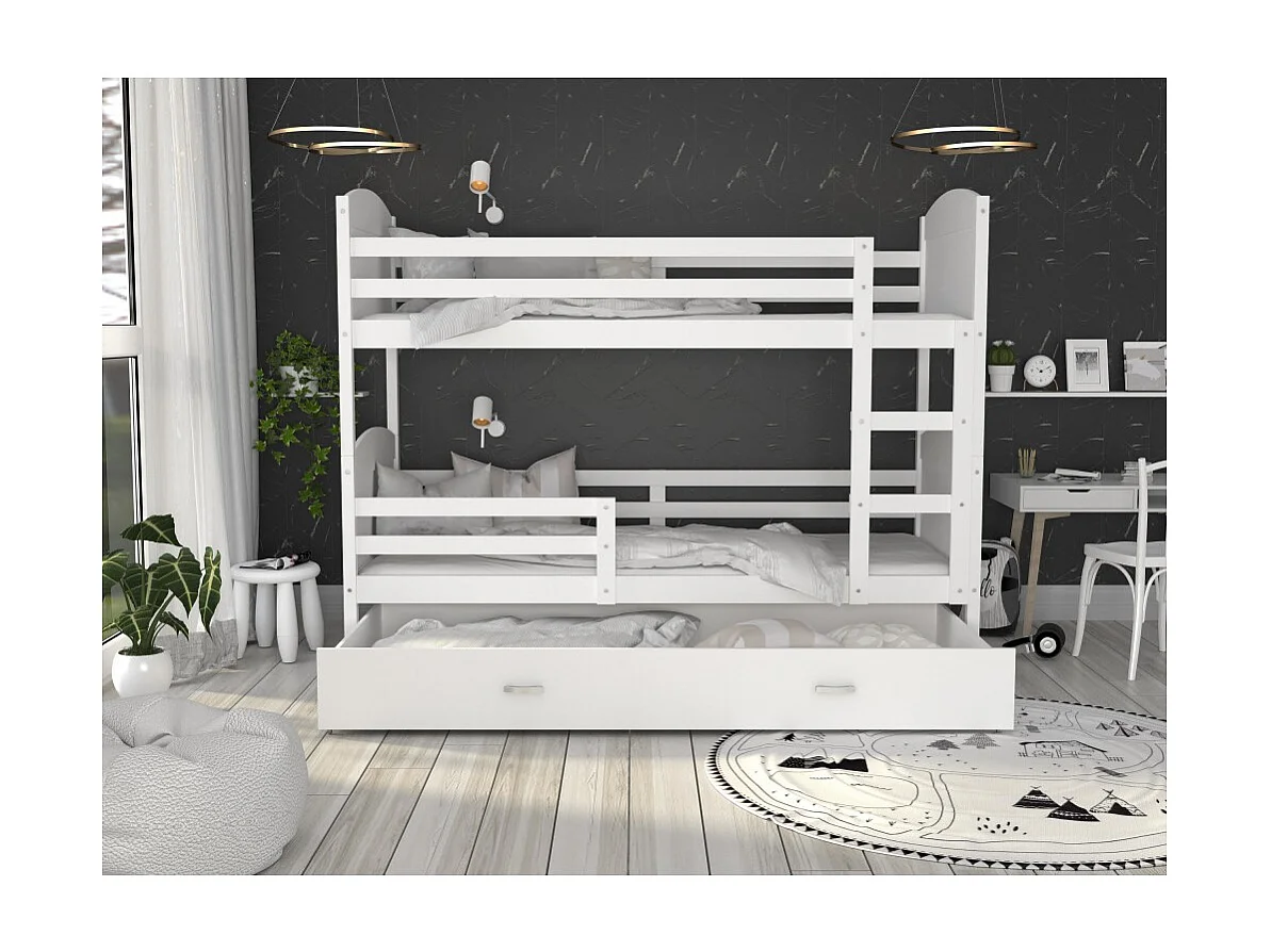 Lit Superposé Mateo 90x190 tiroir + Matelas Blanc - blanc
