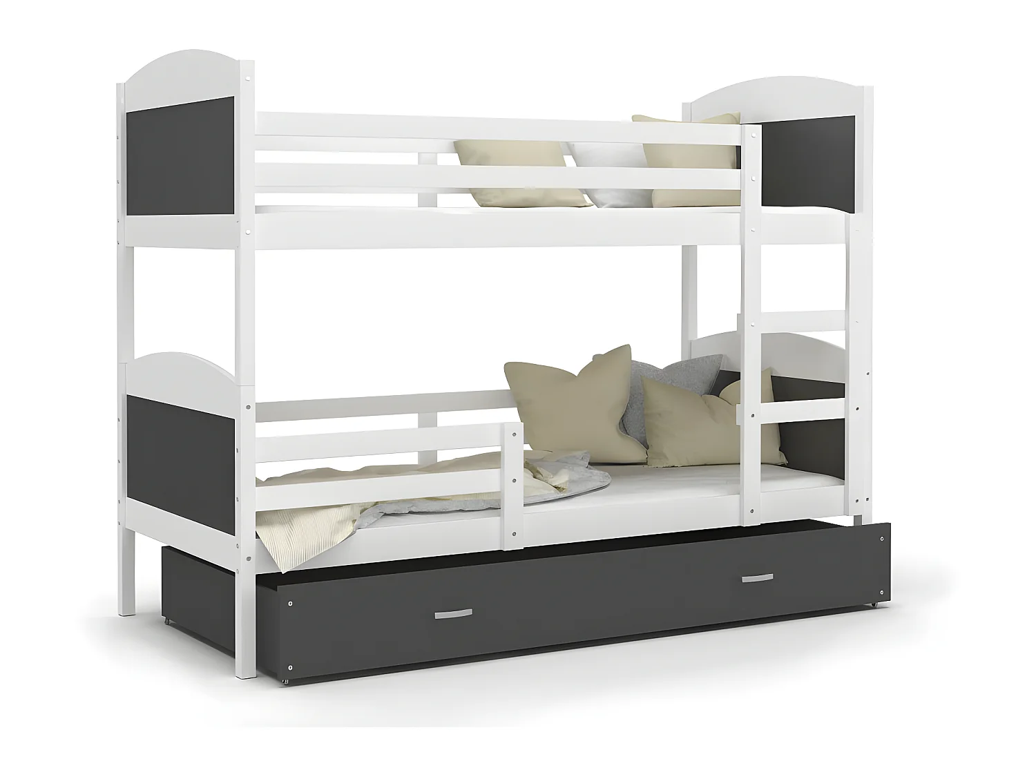 Lit Superposé Mateo 90x190 Blanc - gris Livré avec sommiers, tiroir et matelas en mousse de 7cm