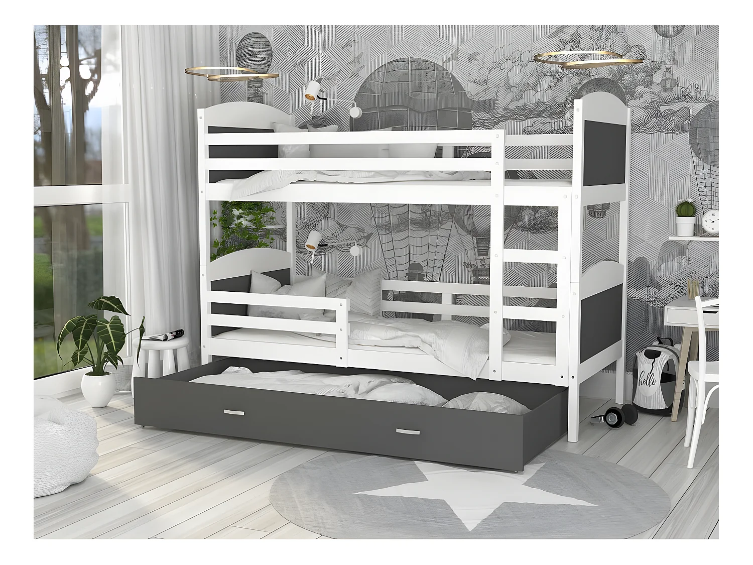 Lit Superposé Mateo 90x190 Blanc - gris Livré avec sommiers, tiroir et matelas en mousse de 7cm