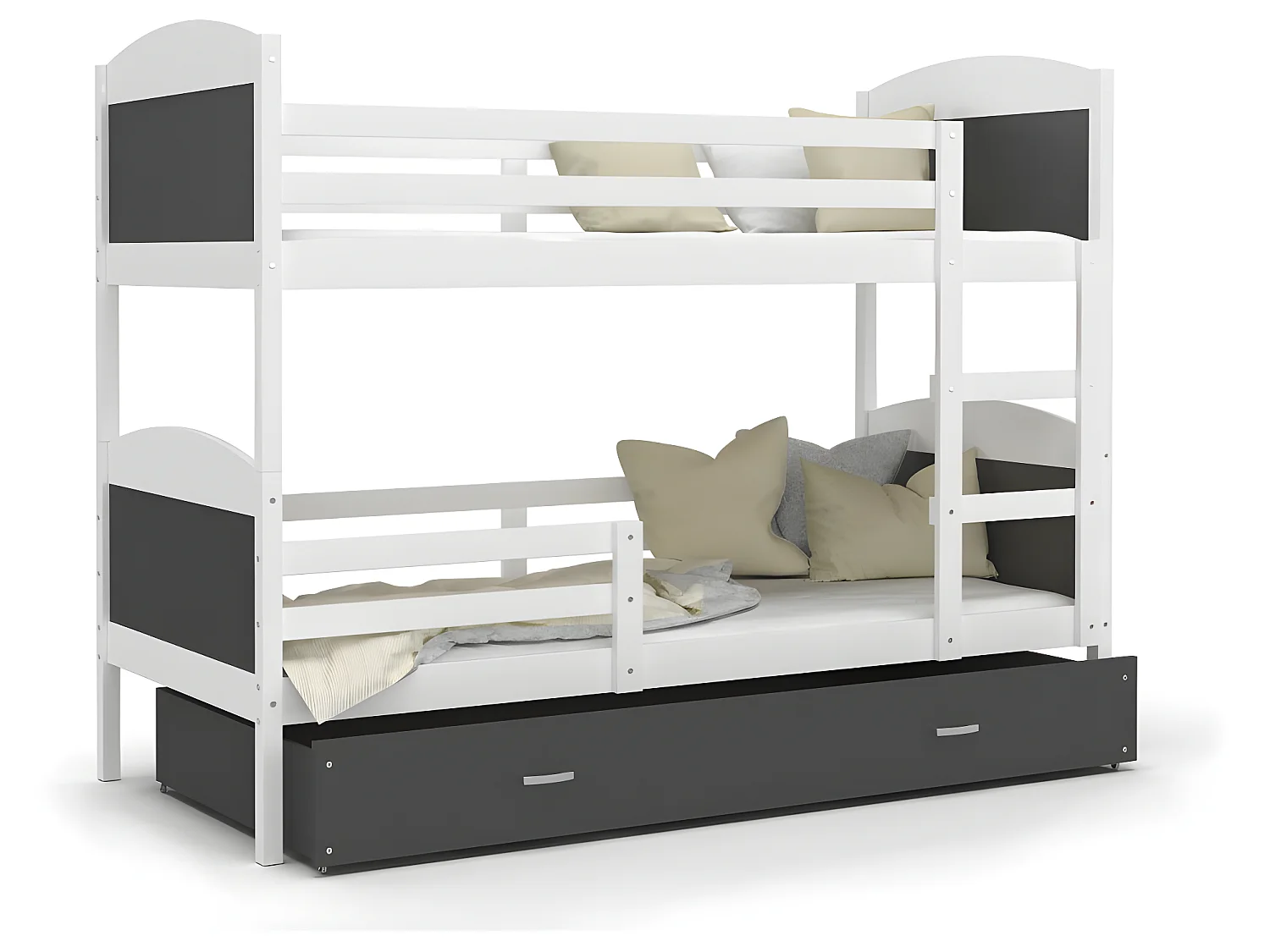 Lit Superposé Mateo 90x190 Blanc - gris Livré avec sommiers, tiroir et matelas en mousse de 7cm