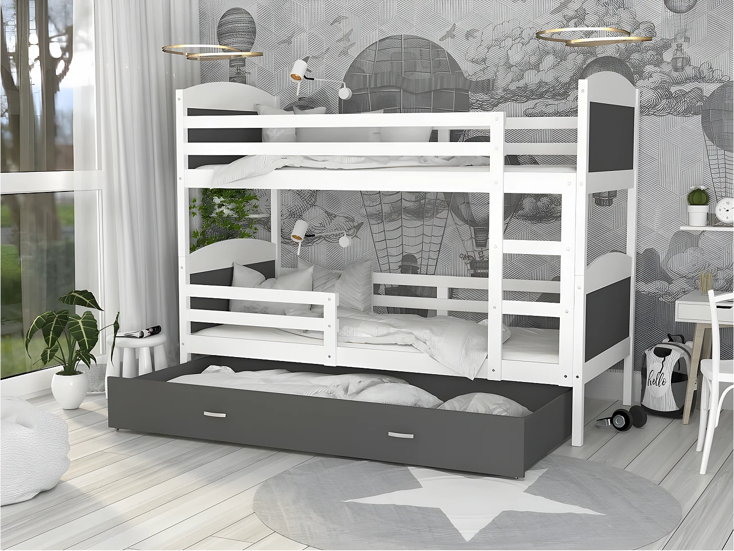 Lit Superposé Mateo 90x190 Blanc - gris Livré avec sommiers, tiroir et matelas en mousse de 7cm