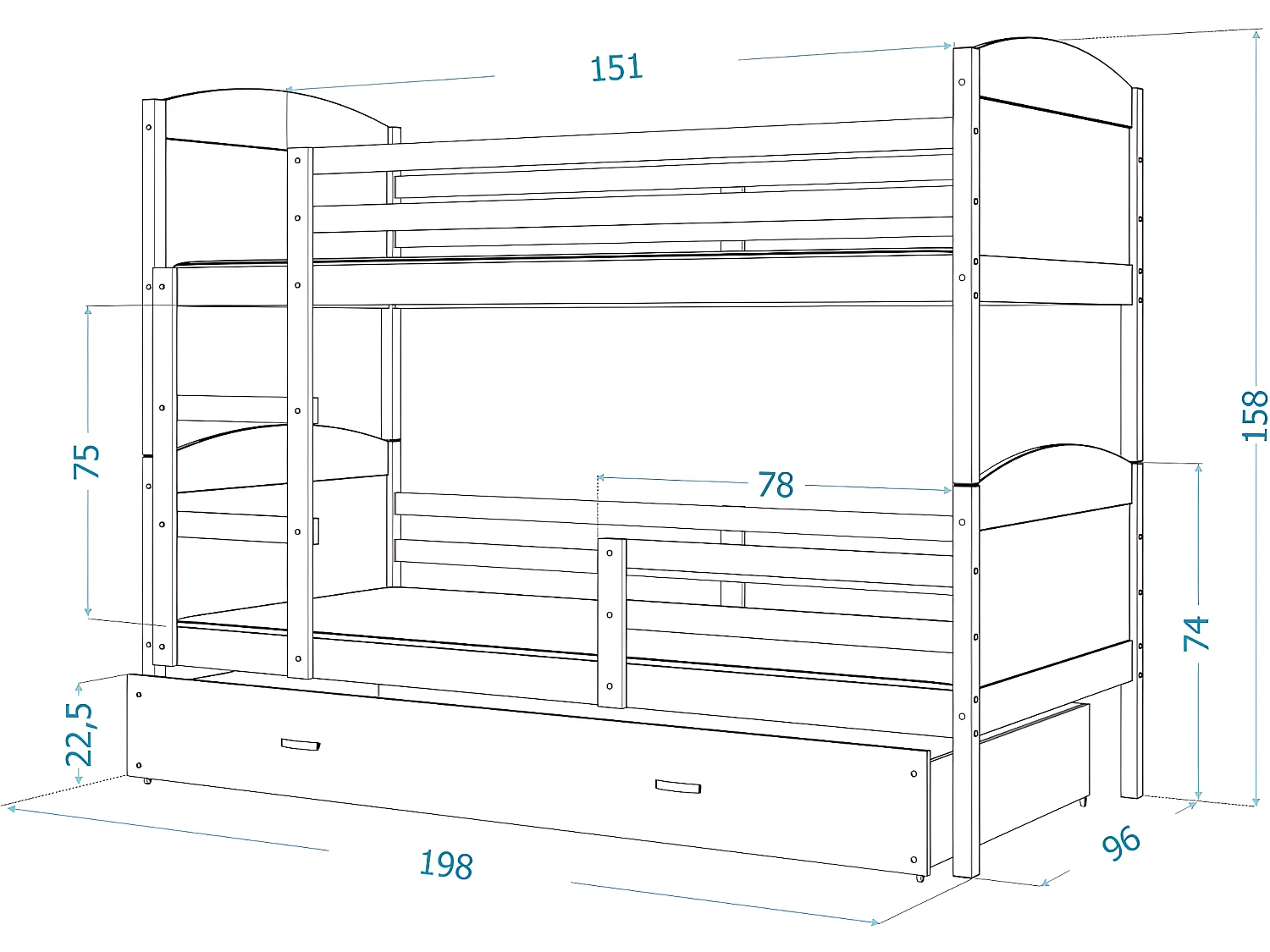 Lit Superposé Mateo 90x190 Blanc - gris Livré avec sommiers, tiroir et matelas en mousse de 7cm