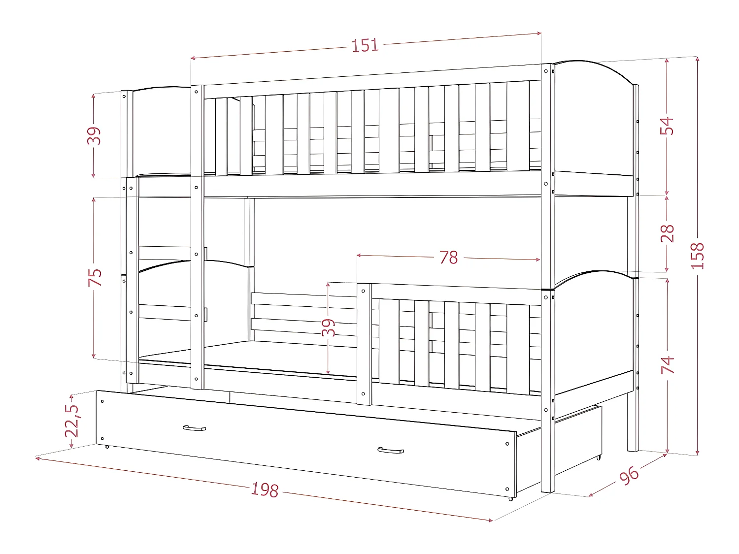 Lit Superposé Tomy 90x190 Gris - gris Livré avec sommiers, tiroir et matelas en mousse de 7cm