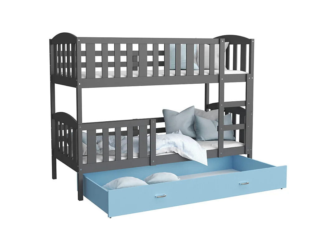 Lit Superposé Teo 90x190 Gris - bleu Livré avec sommiers, tiroir et matelas en mousse de 7cm