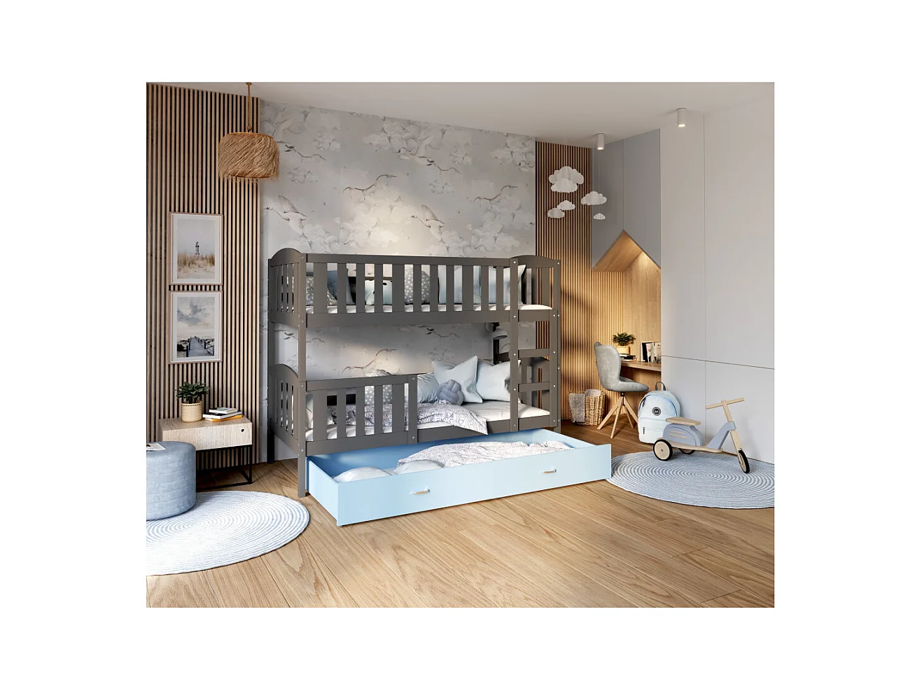 Lit Superposé Teo 90x190 Gris - bleu Livré avec sommiers, tiroir et matelas en mousse de 7cm