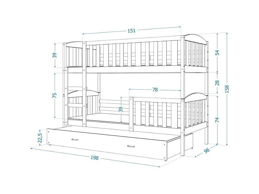 Lit Superposé Teo 90x190 Gris - bleu Livré avec sommiers, tiroir et matelas en mousse de 7cm