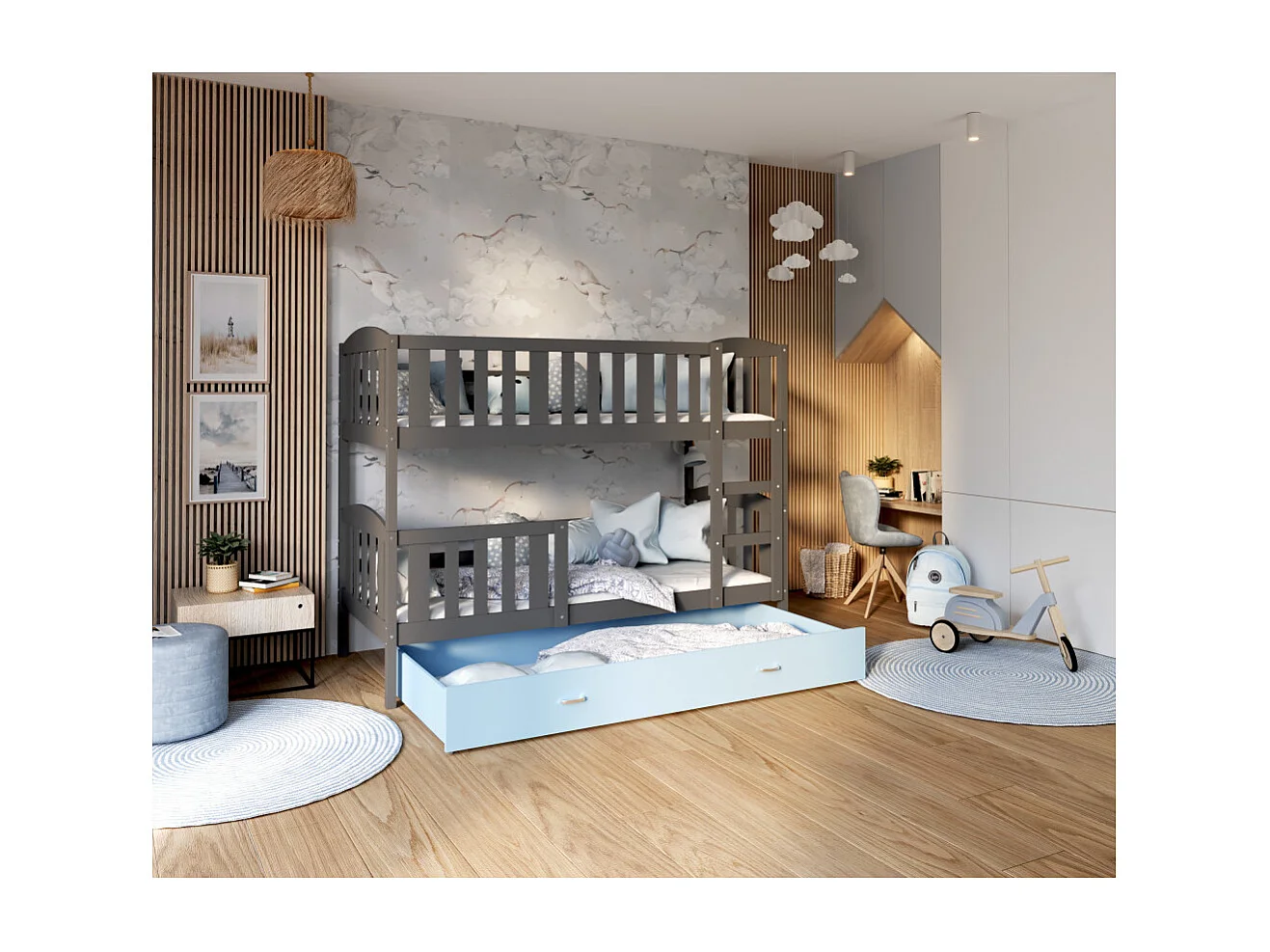 Lit Superposé Teo 90x190 Gris - bleu Livré avec sommiers, tiroir et matelas en mousse de 7cm