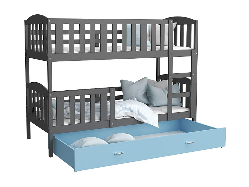Lit Superposé Teo 90x190 Gris - bleu Livré avec sommiers, tiroir et matelas en mousse de 7cm