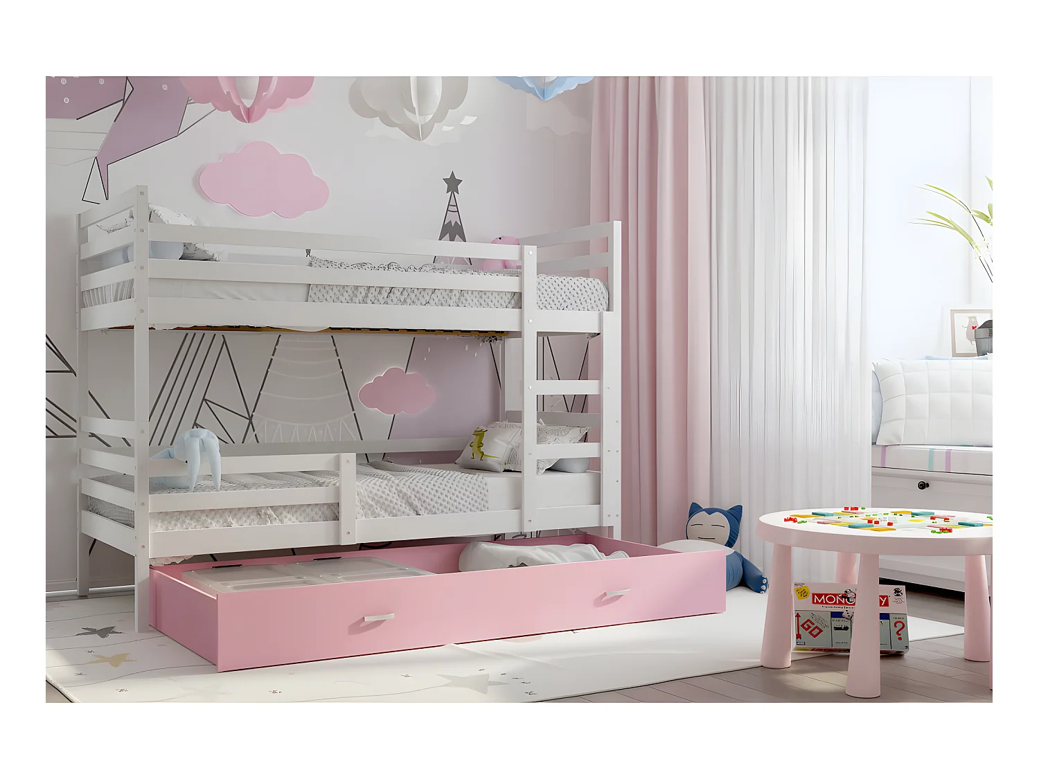 Lit Superposé Milo 90x190 Blanc - rose Livré avec sommiers, tiroir et matelas en mousse de 7cm