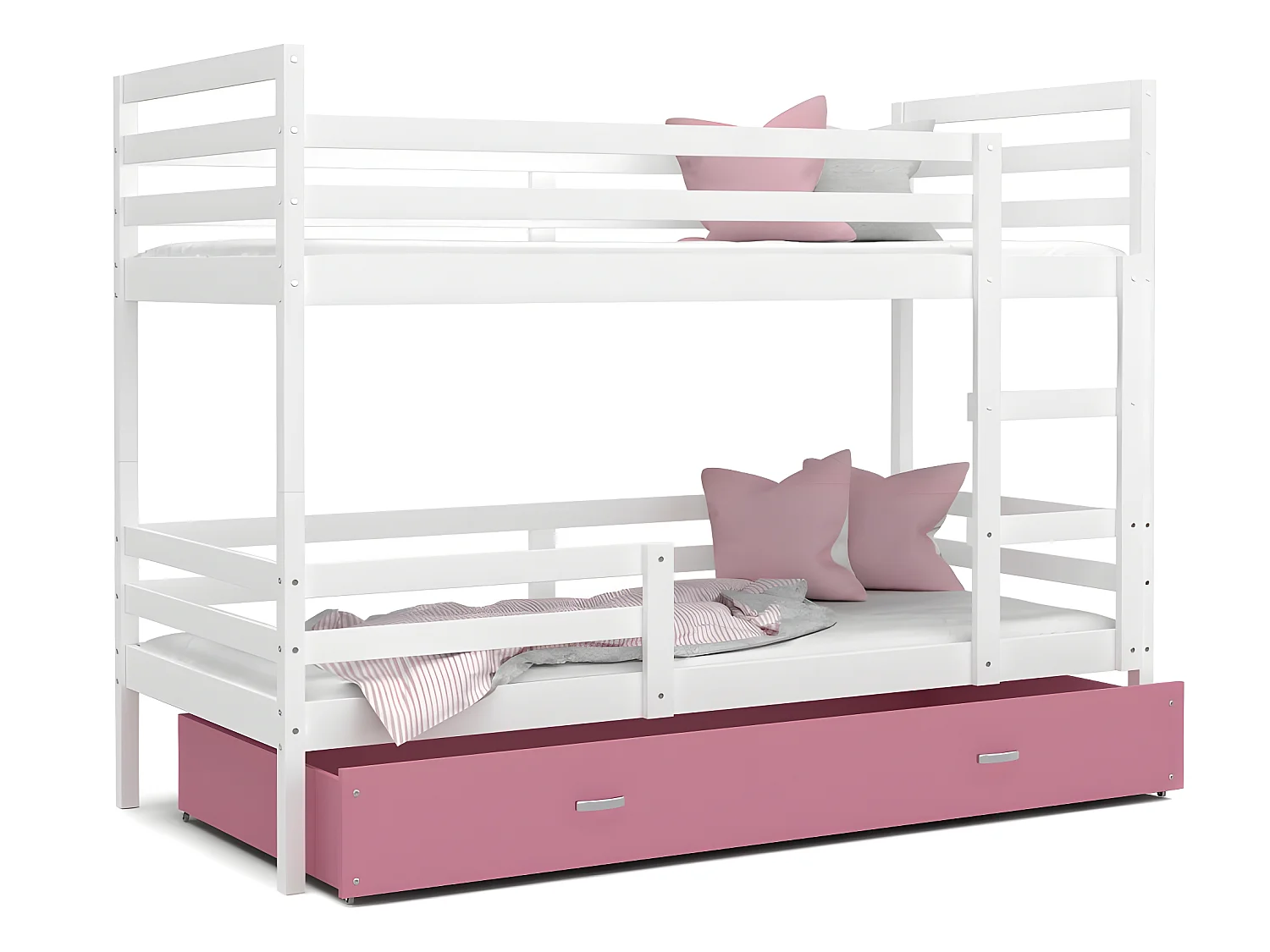 Lit Superposé Milo 90x190 Blanc - rose Livré avec sommiers, tiroir et matelas en mousse de 7cm