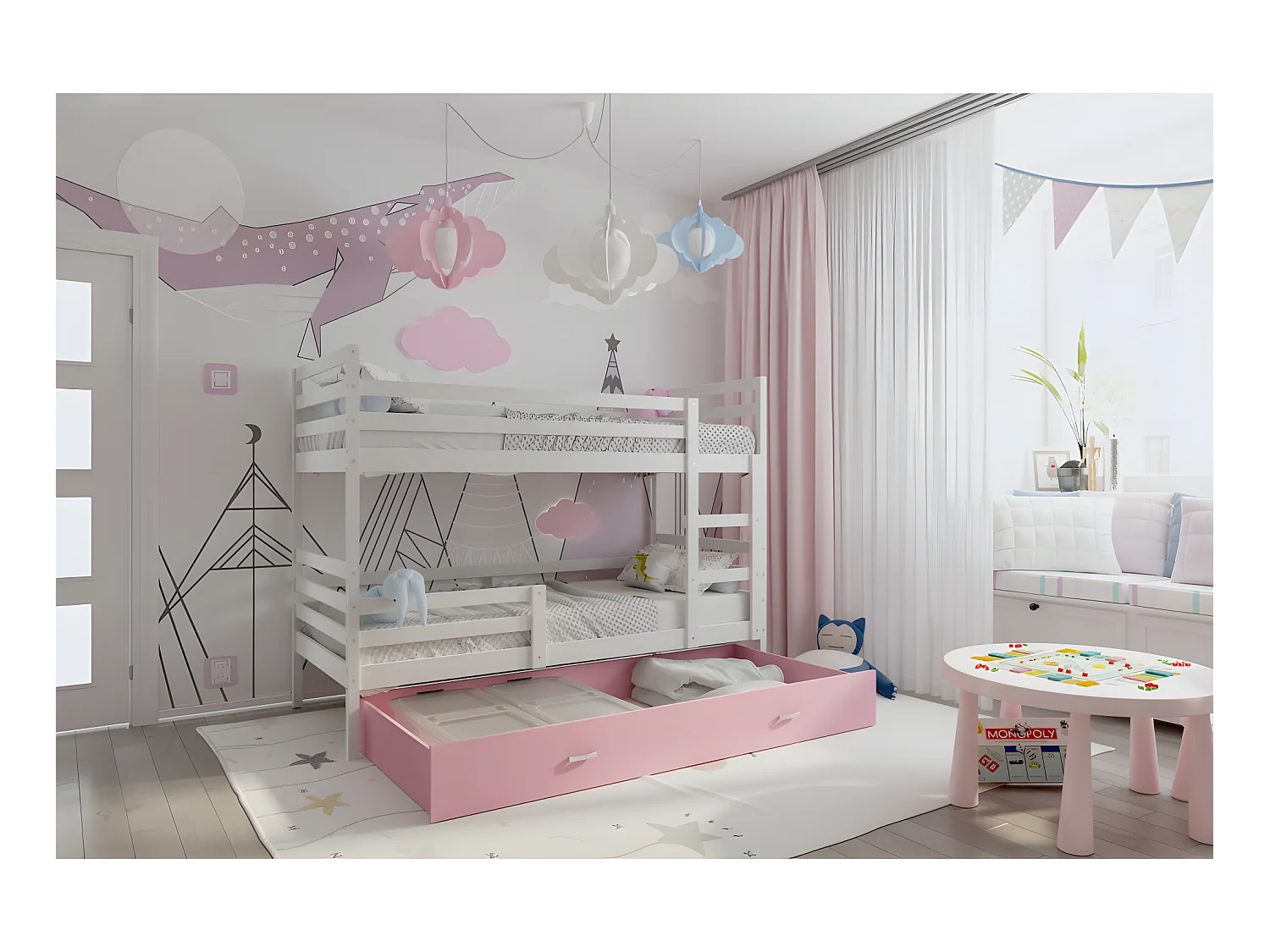 Lit Superposé Milo 90x190 Blanc - rose Livré avec sommiers, tiroir et matelas en mousse de 7cm