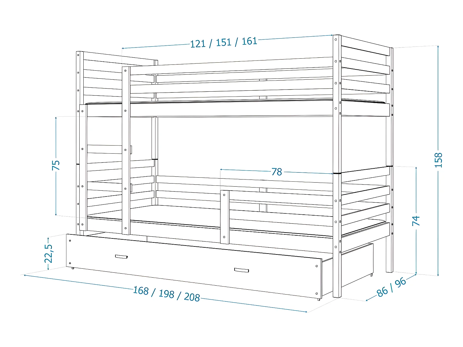 Lit Superposé Milo 90x190 Blanc - rose Livré avec sommiers, tiroir et matelas en mousse de 7cm