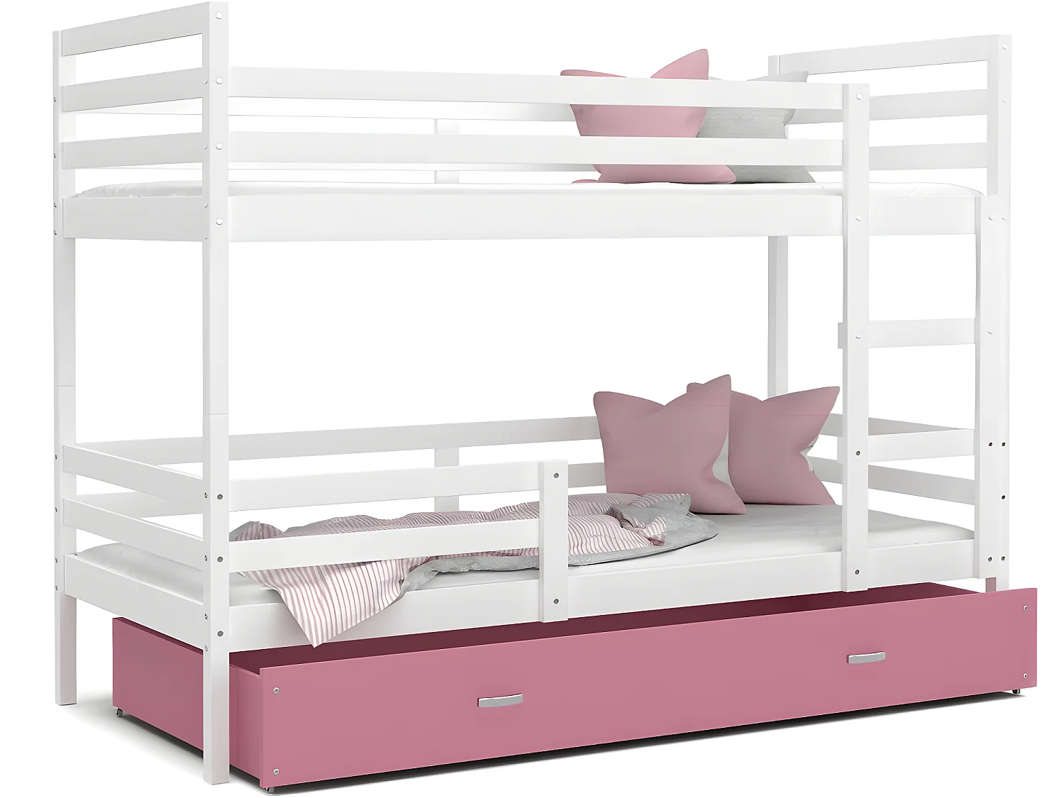 Lit Superposé Milo 90x190 Blanc - rose Livré avec sommiers, tiroir et matelas en mousse de 7cm