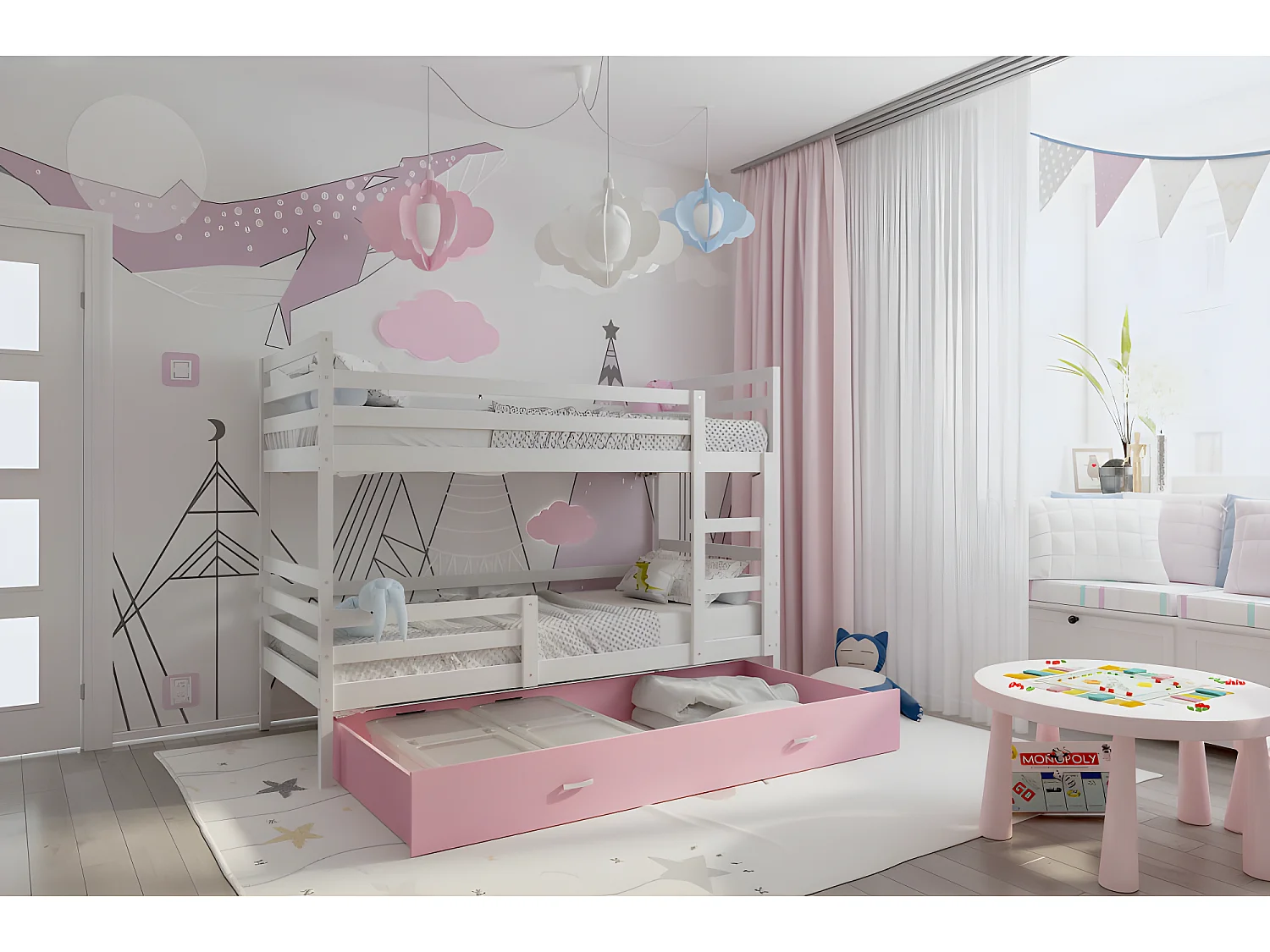 Lit Superposé Milo 90x190 Blanc - rose Livré avec sommiers, tiroir et matelas en mousse de 7cm