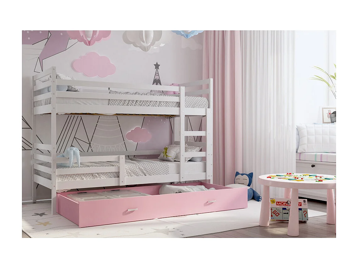 Lit Superposé Milo 90x190 tiroir + Matelas Blanc - rose