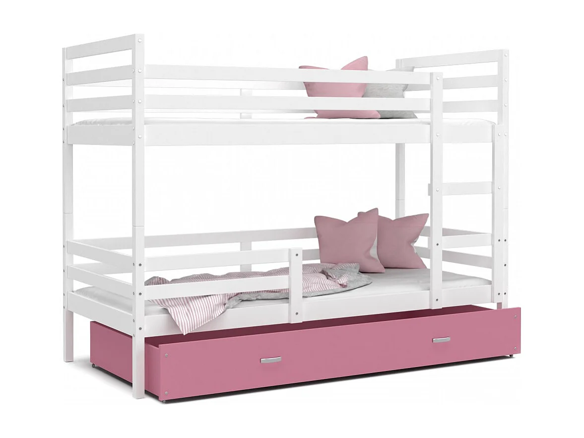 Lit Superposé Milo 90x190 tiroir + Matelas Blanc - rose