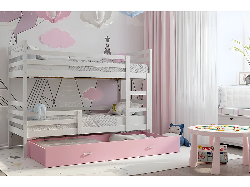 Lit Superposé Milo 90x190 Blanc - rose Livré avec sommiers, tiroir et matelas en mousse de 7cm