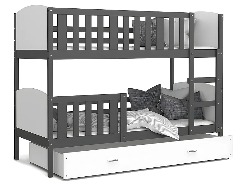Lit Superposé Tomy 90x190 Gris - blanc Livré avec sommiers, tiroir et matelas en mousse de 7cm