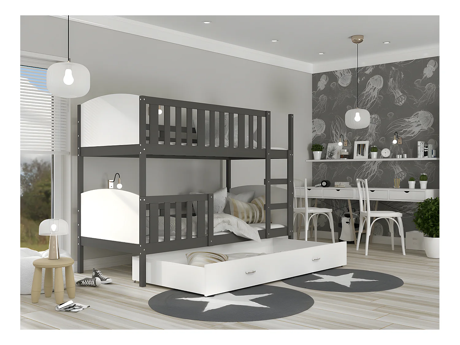 Lit Superposé Tomy 90x190 Gris - blanc Livré avec sommiers, tiroir et matelas en mousse de 7cm