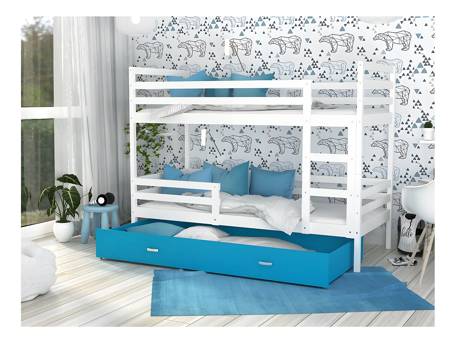 Lit Superposé Milo 90x190 Blanc - bleu Livré avec sommiers, tiroir et matelas en mousse de 7cm