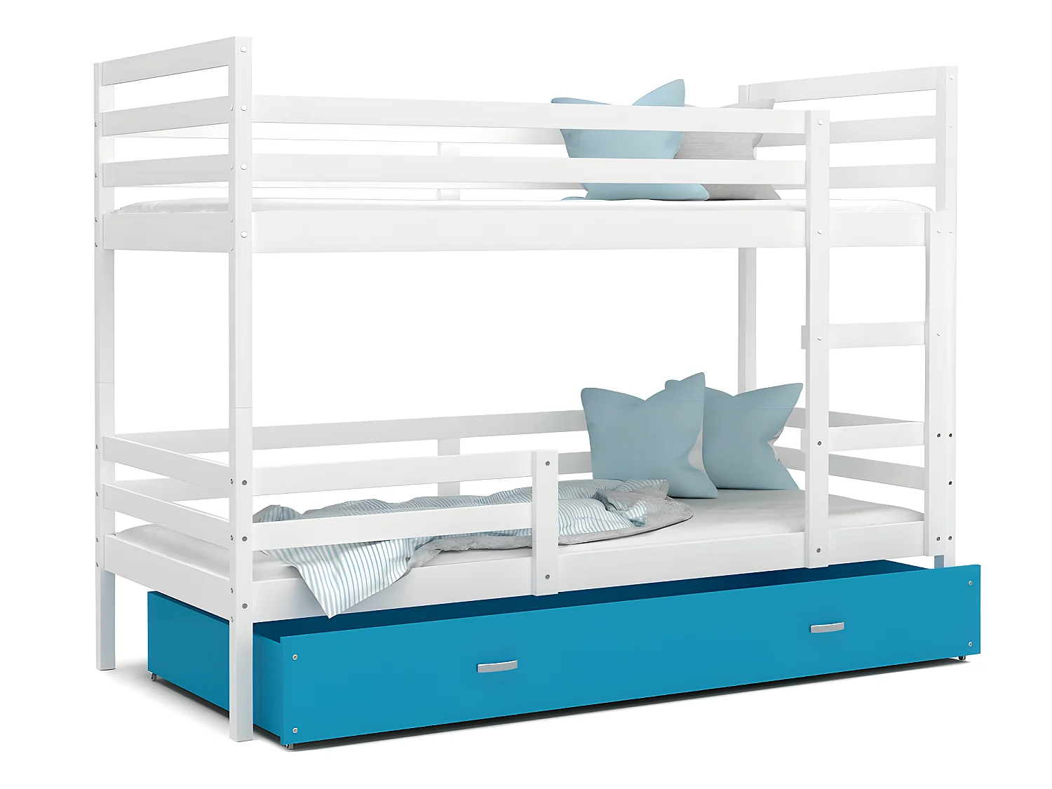 Lit Superposé Milo 90x190 Blanc - bleu Livré avec sommiers, tiroir et matelas en mousse de 7cm
