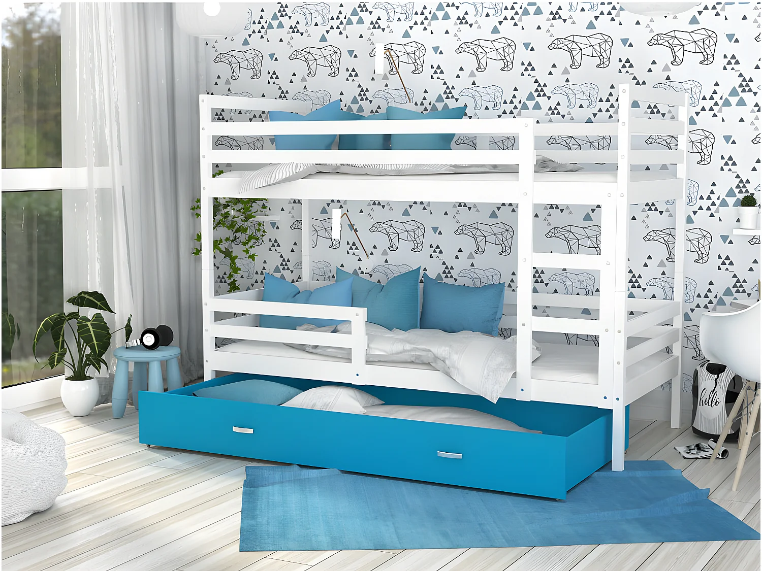 Lit Superposé Milo 90x190 Blanc - bleu Livré avec sommiers, tiroir et matelas en mousse de 7cm