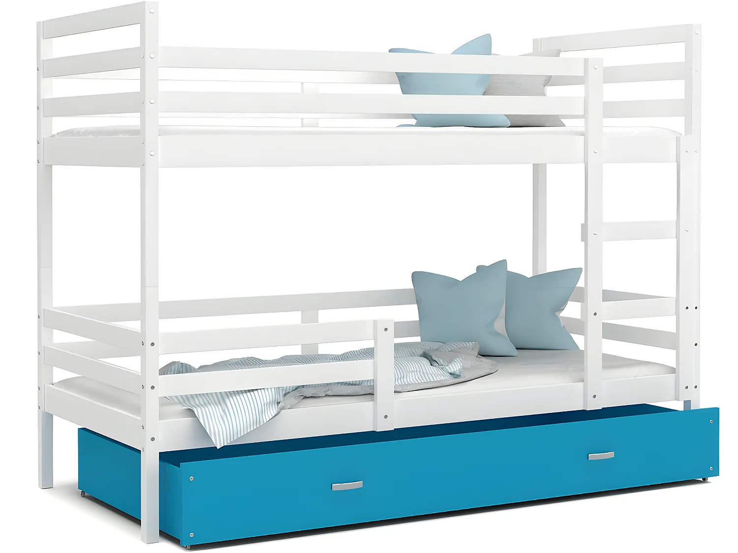Lit Superposé Milo 90x190 Blanc - bleu Livré avec sommiers, tiroir et matelas en mousse de 7cm