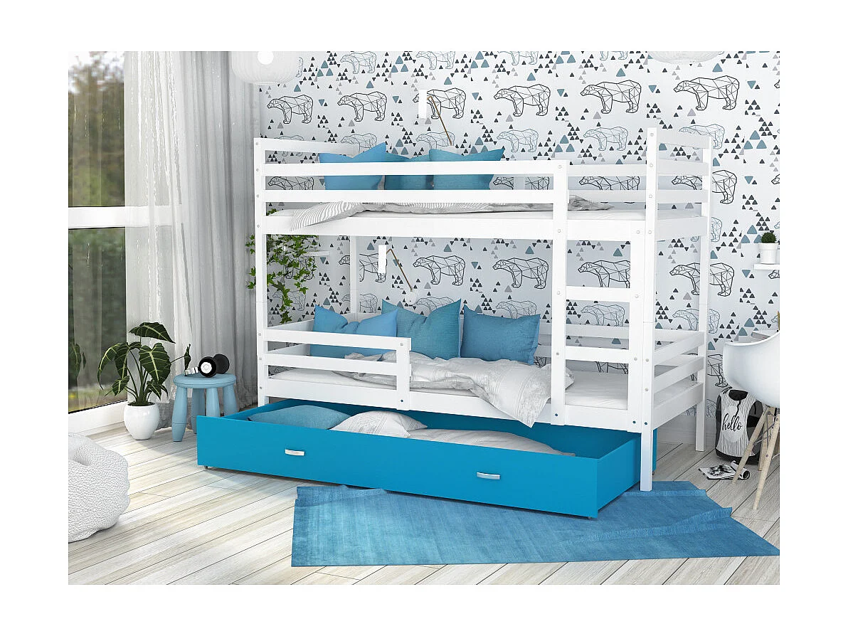 Lit Superposé Milo 90x190 tiroir + Matelas Blanc - bleu