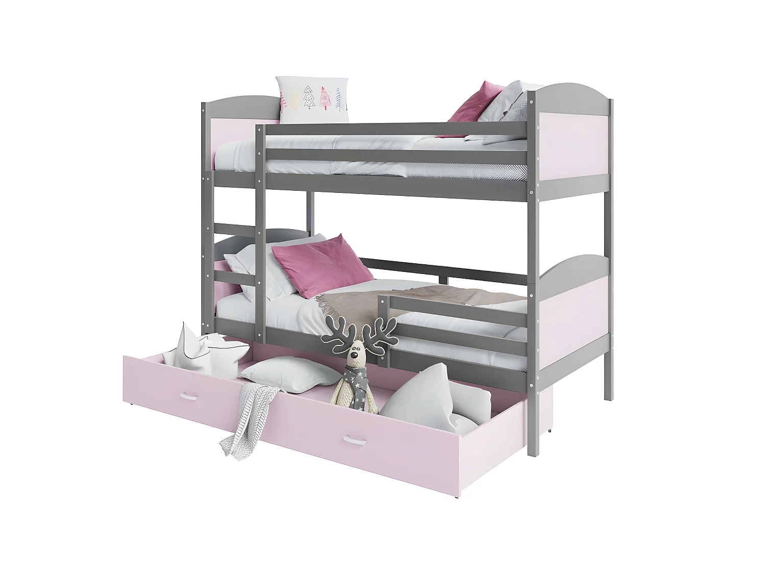 Lit Superposé Mateo 90x190 Gris - rose Livré avec sommiers, tiroir et matelas en mousse de 7cm